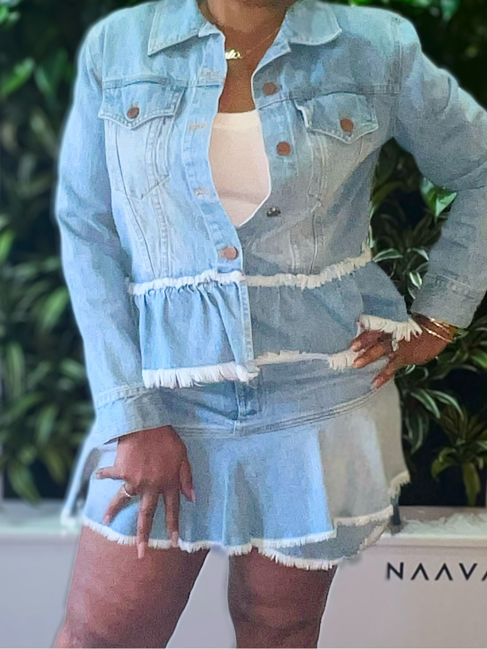 Alice + Olivia Light Wash Fringed Denim Jacket with Matching Skirt